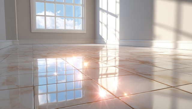 Bright, Sunlit Room With Polished Marble Floor Reflecting Sky