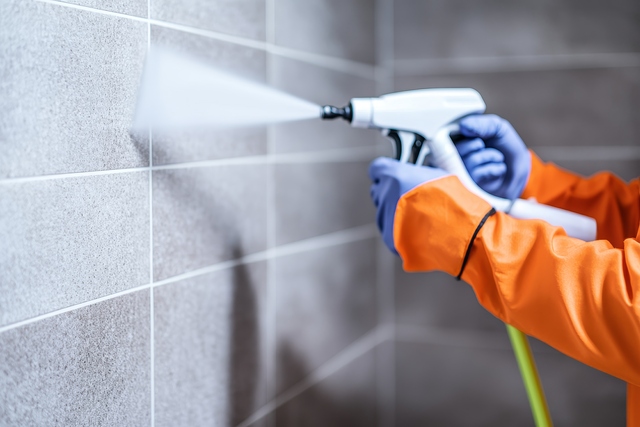 Person Using A Power Washer On Tiled Surfaces, Cleaning Grime Effectively.